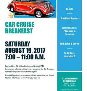 Facebook image: Tomorrow you can start your day with a car cruise breakfast in Alma (see flyer below) or get your run on at the Run Back to School - Central PTO event in Wamego (or both!)
Then, you can spend the day enjoying Alma at the...
